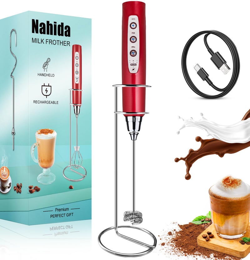 Nahida Rechargeable Milk Frother Wand for Coffee Include Stand  Red