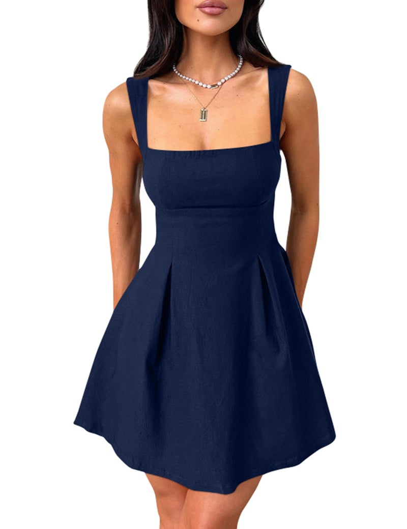YMDUCH Women's Sexy Sleeveless Square Neck Adjustable Straps Bow Tie A-line Mini Party Club Dress Navy Small - Image 1