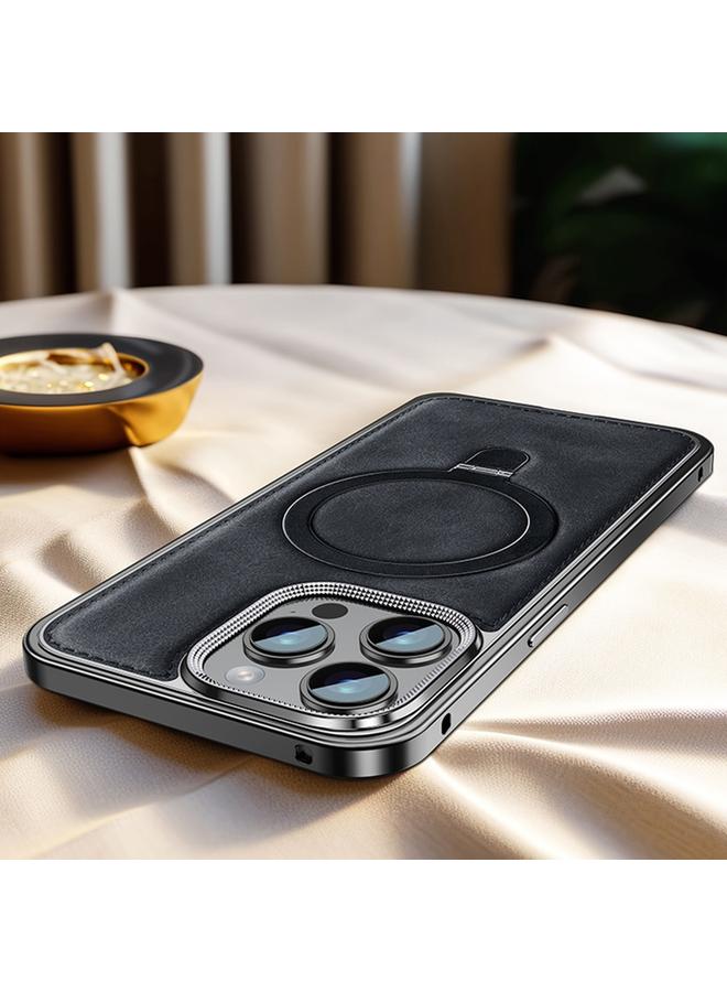 S-TOP Case For iPhone 14 Pro Max Metal Frame Oil Wax Leather MagSafe Phone Case with Spring Buckle Stand - Image 1
