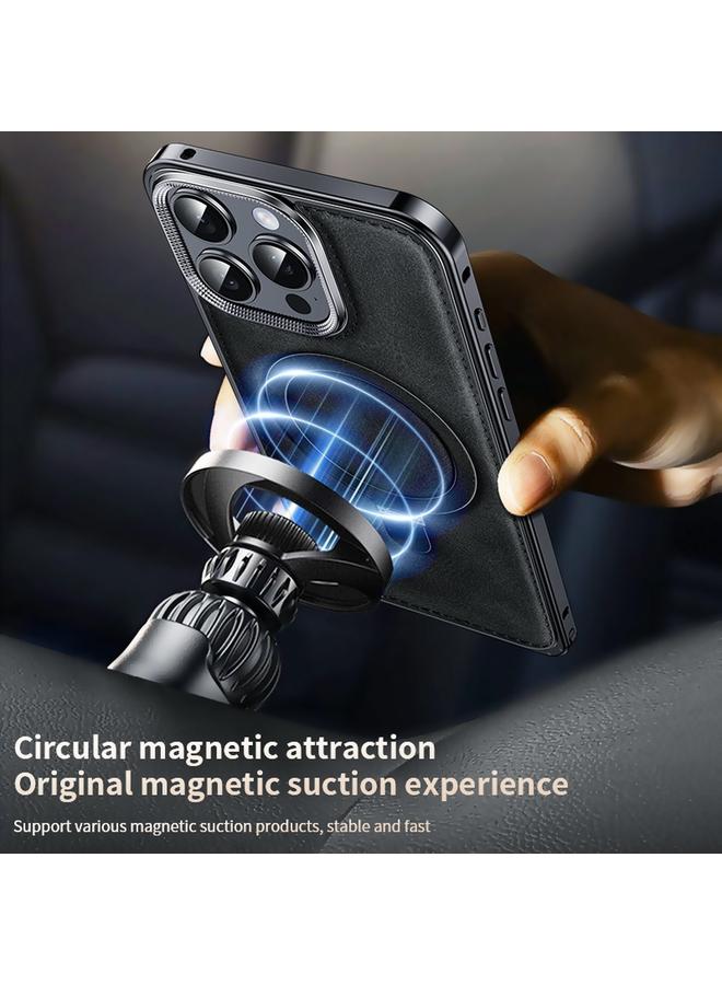 S-TOP Case For iPhone 14 Pro Max Metal Frame Oil Wax Leather MagSafe Phone Case with Spring Buckle Stand - Image 5