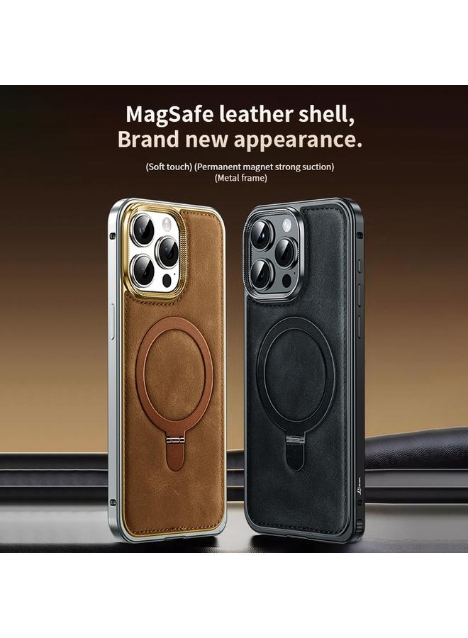 S-TOP Case For iPhone 14 Pro Max Metal Frame Oil Wax Leather MagSafe Phone Case with Spring Buckle Stand - Image 2