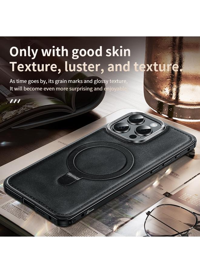 S-TOP Case For iPhone 14 Pro Max Metal Frame Oil Wax Leather MagSafe Phone Case with Spring Buckle Stand - Image 3