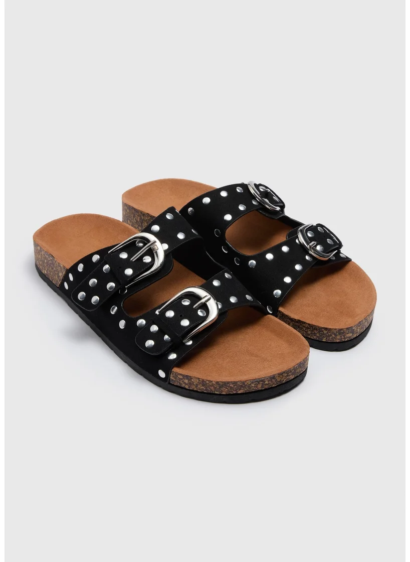 Matalan Black Studded Double Buckle Sandal