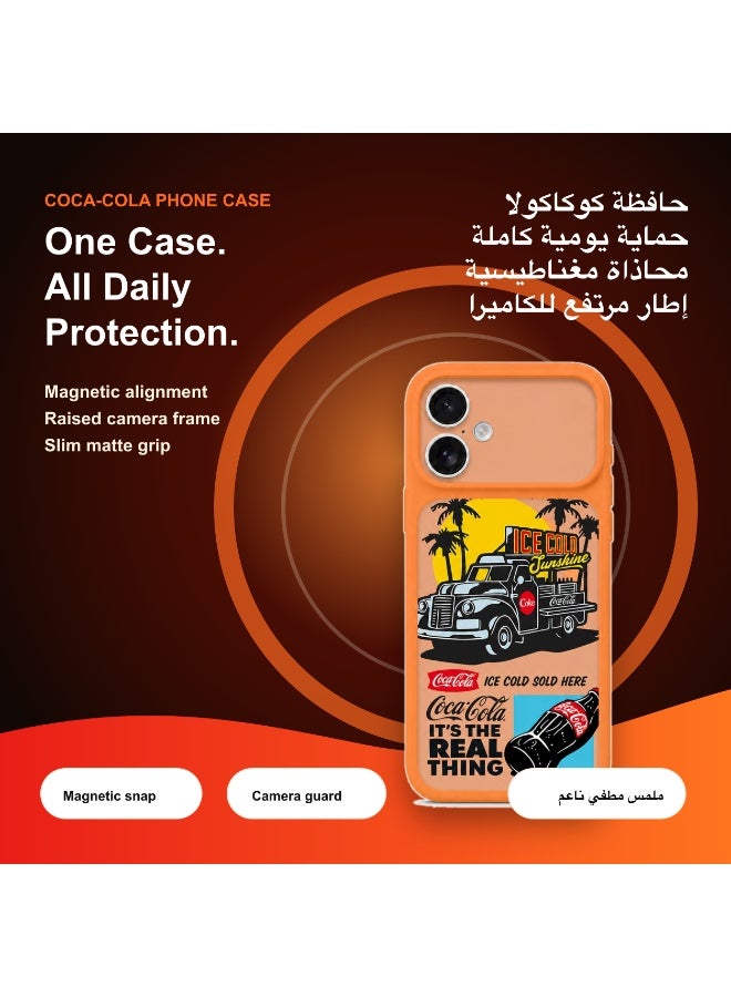 Coca-Cola iPhone 17 Magnetic Phone Case, Ice Cold Sunshine Vintage Truck Design, Raised Camera Protection, Slim Matte TPU Cover, Orange - Image 2