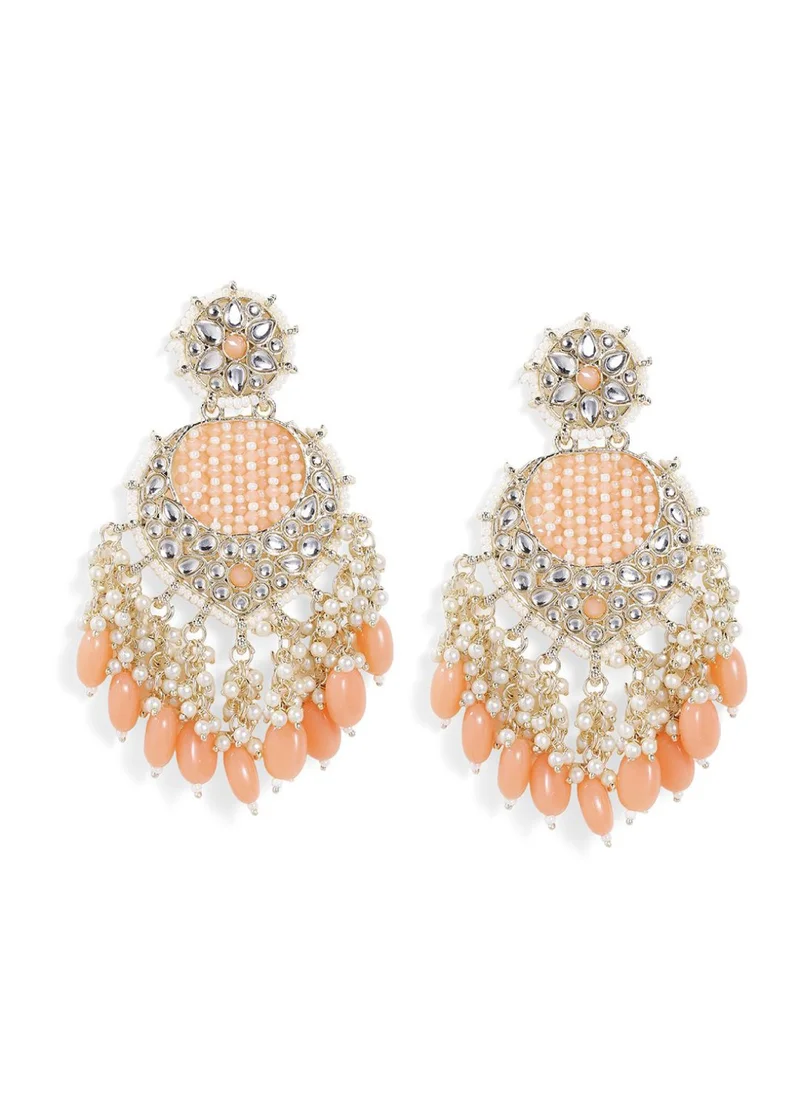 Priyaasi Kundan Pearls Beaded Floral Pattern Drop Earrings