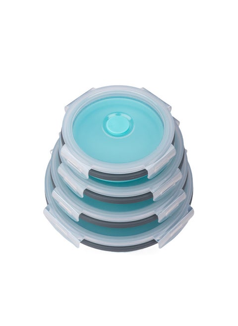 Round Silicone Lunch Box Portable Folding Lunch Box Microwave Oven Lunch Box Plastic Refrigerator Lunch Box Storage Box-Specifications:350ML 500ML 800ML 1200ML(4-piece Bag)-Color:Gray Edge Blue