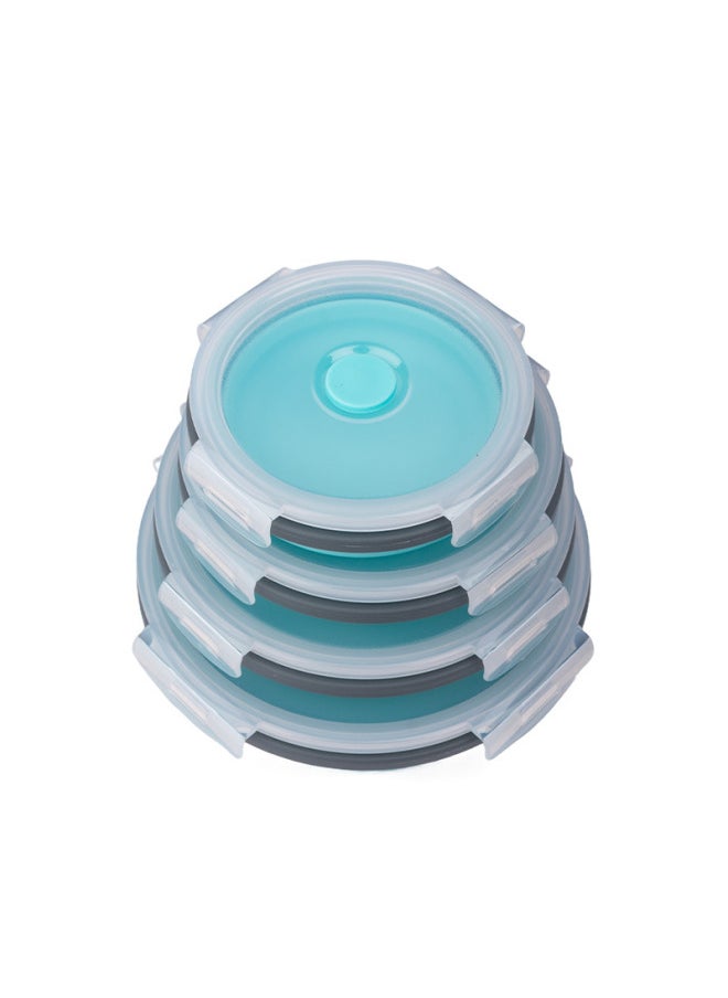 Round Silicone Lunch Box Portable Folding Lunch Box Microwave Oven Lunch Box Plastic Refrigerator Lunch Box Storage Box-Specifications:350ML 500ML 800ML 1200ML(4-piece Bag)-Color:Gray Edge Blue