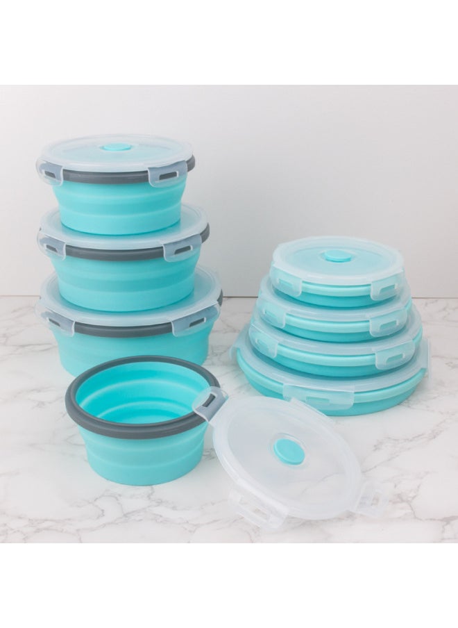 Round Silicone Lunch Box Portable Folding Lunch Box Microwave Oven Lunch Box Plastic Refrigerator Lunch Box Storage Box-Specifications:350ML 500ML 800ML 1200ML(4-piece Bag)-Color:Gray Edge Blue