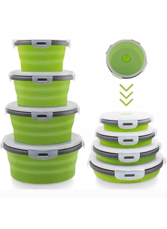 Round Silicone Lunch Box Portable Folding Lunch Box Microwave Oven Lunch Box Plastic Refrigerator Lunch Box Storage Box-Specifications:350ML 500ML 800ML 1200ML(4-piece Bag)-Color:Gray Edge Blue