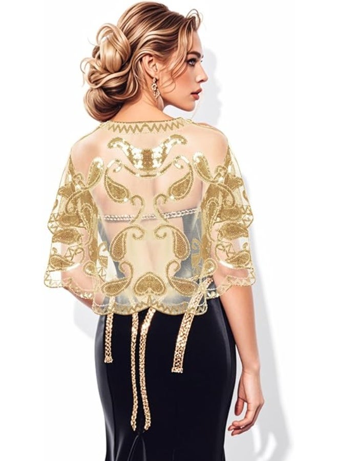 SUNSAR Women's Shawl Wraps Sequin Beaded Bridal Shawls Flapper Evening Cape(Champagne) - Image 5