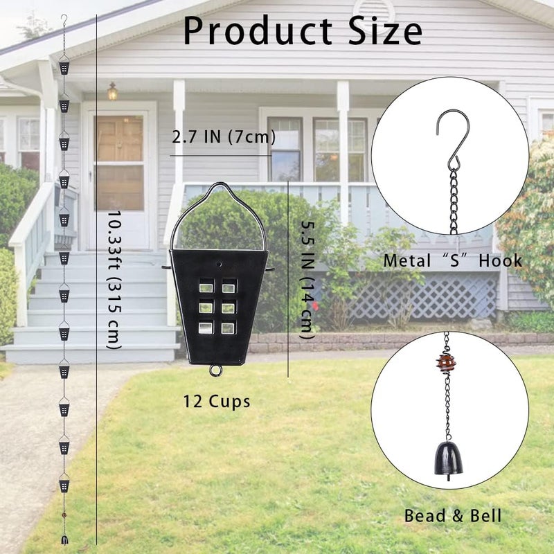 Qipade Store Square Rain Chain, 10 Ft Black Rain Gutter Chains with 12 Cups, Adjustable Rain Catcher Chain with Bell for Eaves Drainage, Outdoor Replacement Downspout for Gutters - Image 2