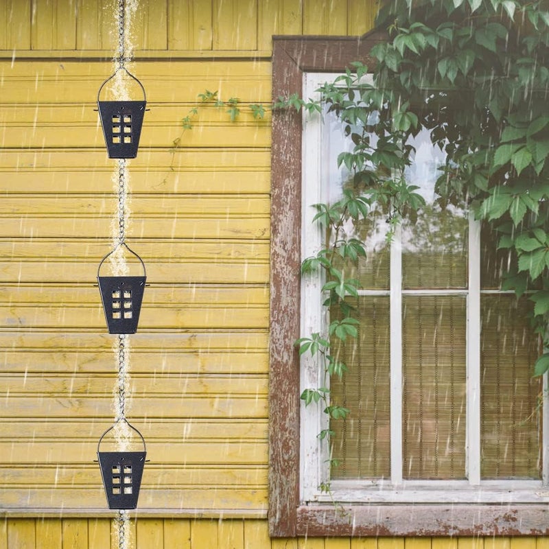 Qipade Store Square Rain Chain, 10 Ft Black Rain Gutter Chains with 12 Cups, Adjustable Rain Catcher Chain with Bell for Eaves Drainage, Outdoor Replacement Downspout for Gutters - Image 5