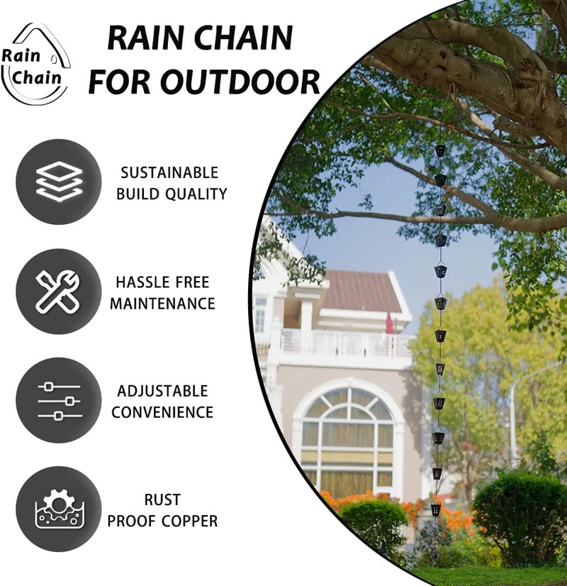 Qipade Store Square Rain Chain, 10 Ft Black Rain Gutter Chains with 12 Cups, Adjustable Rain Catcher Chain with Bell for Eaves Drainage, Outdoor Replacement Downspout for Gutters - Image 3