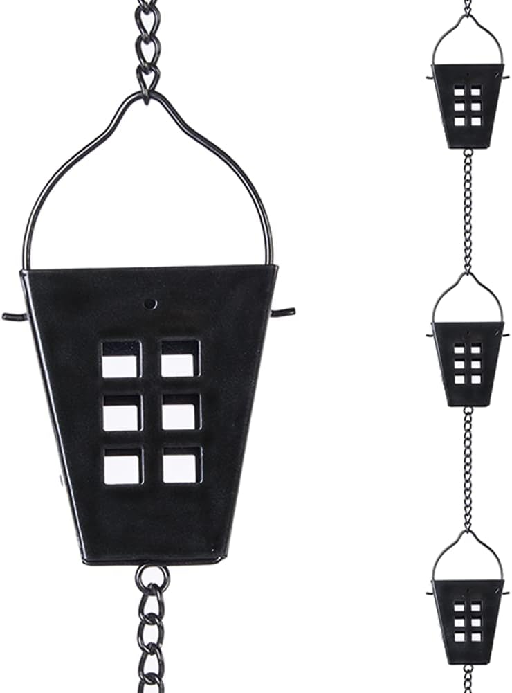 Qipade Store Square Rain Chain, 10 Ft Black Rain Gutter Chains with 12 Cups, Adjustable Rain Catcher Chain with Bell for Eaves Drainage, Outdoor Replacement Downspout for Gutters - Image 1