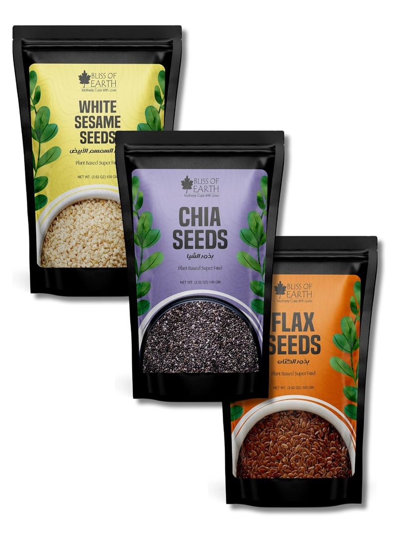 BLISS OF EARTH Raw Chia, Flax & White Sesame Seeds Combo for Weight Loss, Plant-Based Seeds for Eating, High Protein Superfood Seed Mix for Smoothies, Salad & Baking, Omega & Calcium Rich – 100g Each - Image 1