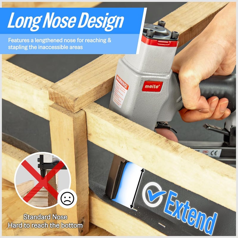 Meite 7116BL Pneumatic Upholstery Stapler with Long Nose-1/4-Inch to 5/8-Inch 22 Gauge 3/8'' Crown Fine Wire Stapler - Image 4