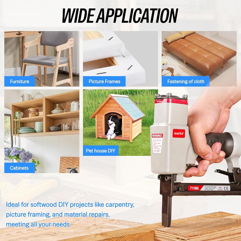 Meite 7116BL Pneumatic Upholstery Stapler with Long Nose-1/4-Inch to 5/8-Inch 22 Gauge 3/8'' Crown Fine Wire Stapler - Image 3