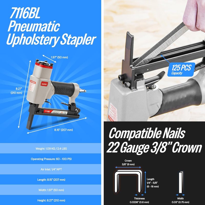 Meite 7116BL Pneumatic Upholstery Stapler with Long Nose-1/4-Inch to 5/8-Inch 22 Gauge 3/8'' Crown Fine Wire Stapler - Image 2