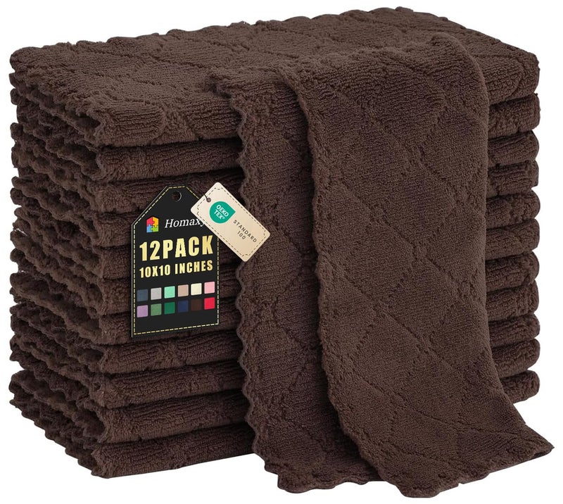 Homaxy 12 Pack Kitchen Dish Cloths (10 x 10 Inches, Brown), Super Soft and Absorbent Coral Velvet Dish Towels, Nonstick Oil Fast Drying Microfiber Cleaning Cloth, No Lint Household Dishcloths - Image 1