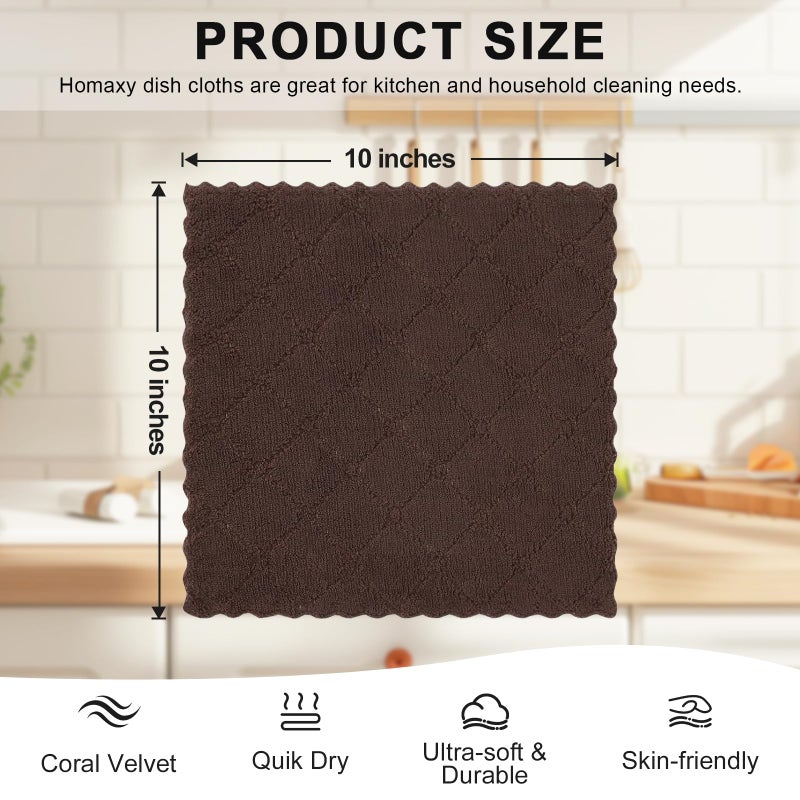 Homaxy 12 Pack Kitchen Dish Cloths (10 x 10 Inches, Brown), Super Soft and Absorbent Coral Velvet Dish Towels, Nonstick Oil Fast Drying Microfiber Cleaning Cloth, No Lint Household Dishcloths - Image 5