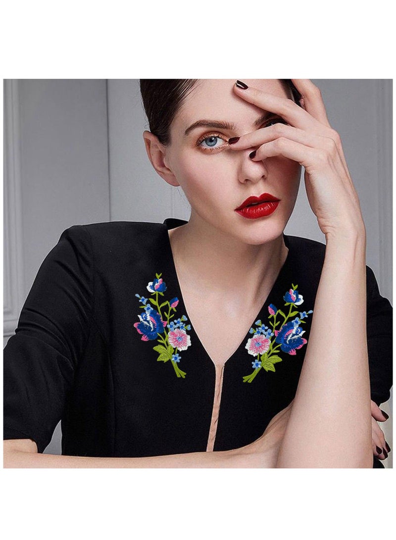 2 pairs Rose Flower Embroidered Applique Floral Leaves Iron on Patches Bouquet Boho Decorative Embroidery Applique Sewing Patches for Clothing Bags DIY Accessory Craft Decoration - Image 3