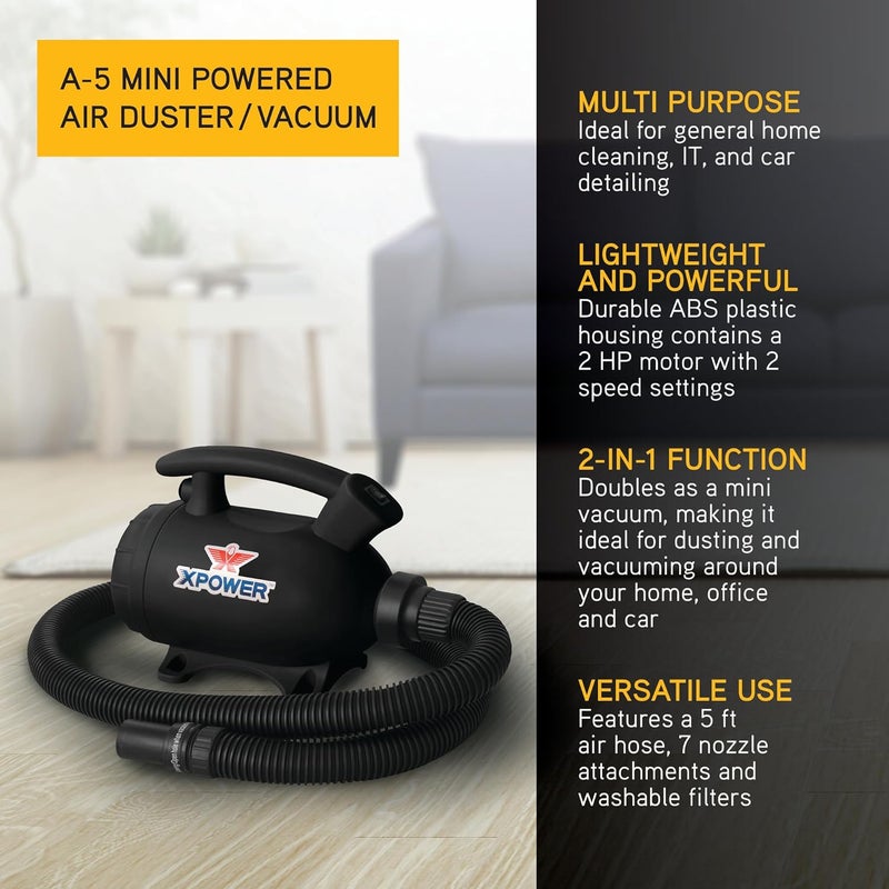 Xpower A-5 Electric Air Duster for Dusting, Drying, Inflating, Blowing, Vacuuming, Car Detailing, Computer, Leaf Blowing, 100 CFM, 5 Nozzles + 2 Brushes, High Performance Motor, Eco-Friendly - Image 2