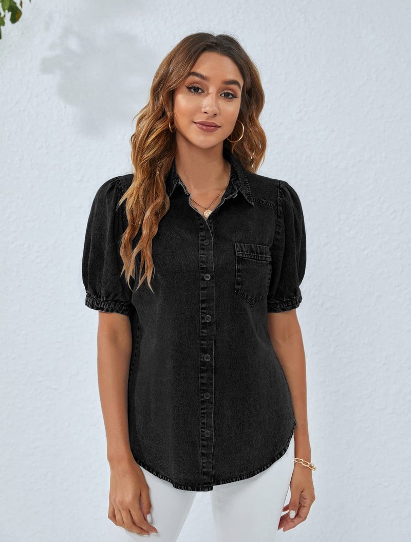 BMJL Womens Denim Shirt Business Casual Button Down Work Blouses Puff Sleeve Summer Tops Black - Image 2