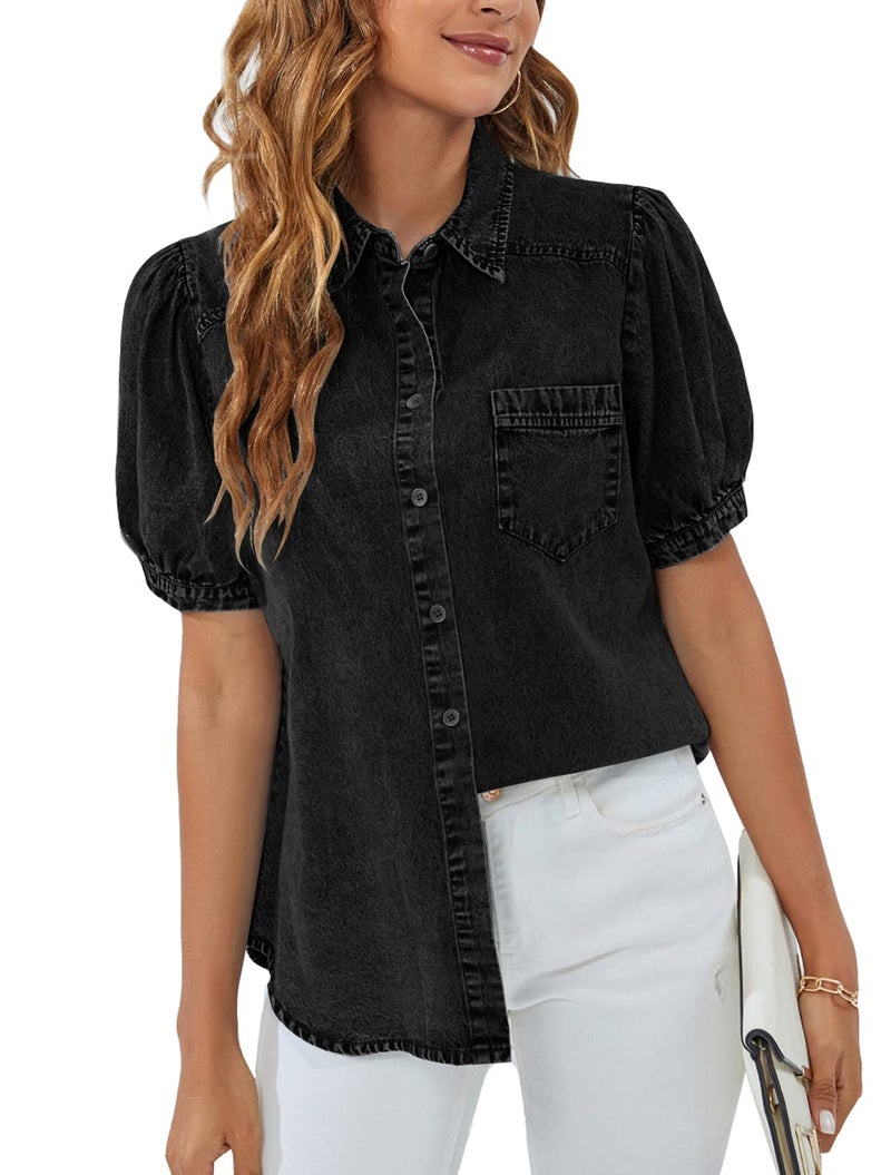 BMJL Womens Denim Shirt Business Casual Button Down Work Blouses Puff Sleeve Summer Tops Black - Image 1