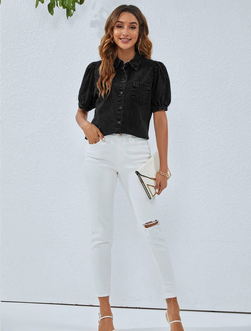 BMJL Womens Denim Shirt Business Casual Button Down Work Blouses Puff Sleeve Summer Tops Black - Image 5