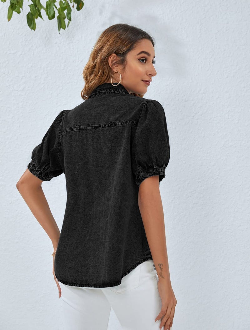 BMJL Womens Denim Shirt Business Casual Button Down Work Blouses Puff Sleeve Summer Tops Black - Image 3