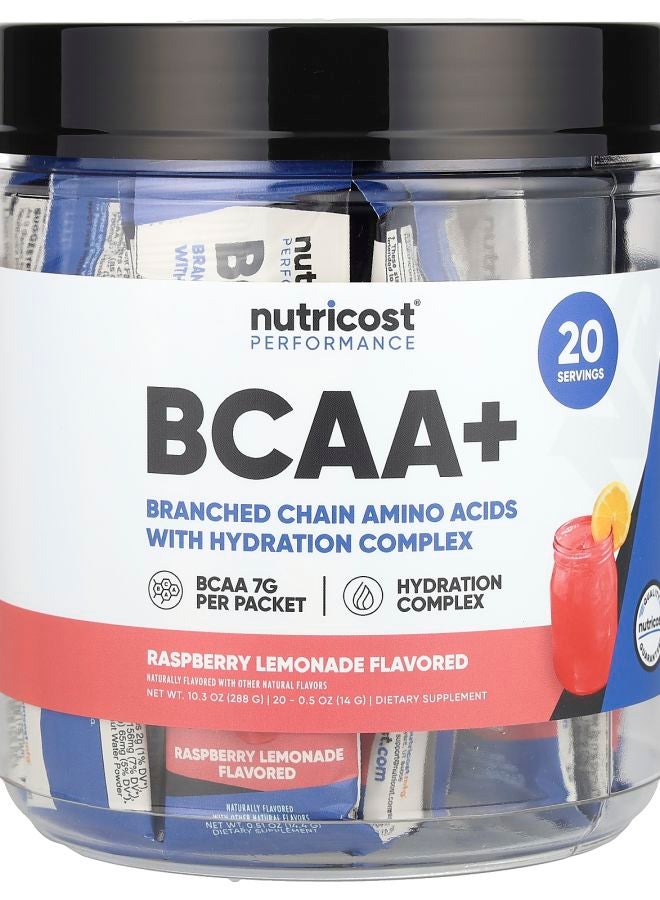 Nutricost Performance BCAA+ Raspberry Lemonade 20 Packets 0.5 oz (14 g) Each - Image 1