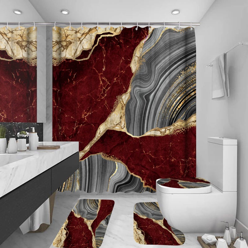 beifivcl beifivcl 4Pcs Marble Shower Curtain Sets Bathroom Decor Sets Luxury Shower Curtain with 12 Hooks Bath Mat Toilet Lid Rug and NonSlip U Shape Mat Accessories Marble Print 72 x 72 Inch Red 
