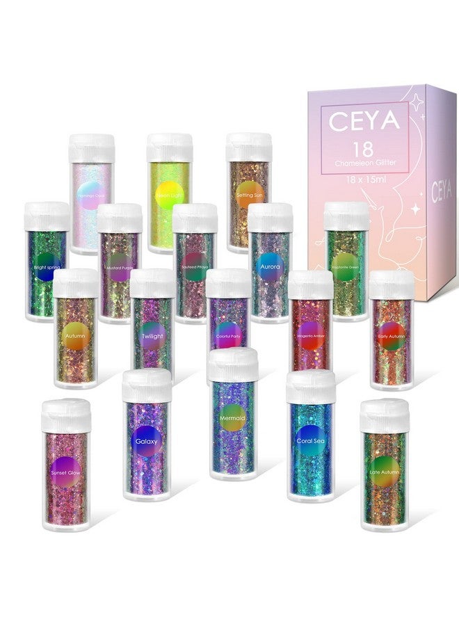 Ceya Chameleon Chunky Glitter Set 18 Colors, 6.3oz/180g Color Shift Craft Glitter Powder Color Changing Each 15ml Iridescent Flake Sequin for Epoxy Resin, Nail, Phone Case, Party Decor, Jewelry Making - Image 1