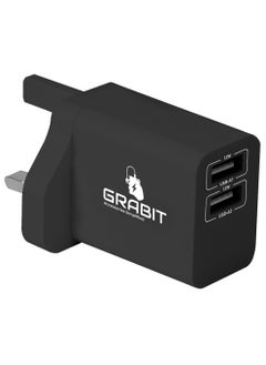GRABIT Dual USB Wall Charger with A to Lightning Cable Fast 2.4A dual USB charging with a fixed UK plug and matte finish. Includes a 1m USB-A to non-MFI Lightning cable for reliable power delivery. Compatible with iPhones, iPads, Samsung, OnePlus, Xiaomi, Huawei, Google Pixel, and more. Perfect for home, office, and travel.  - Image 1