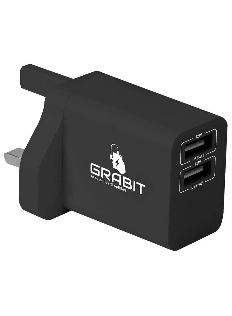 GRABIT Dual USB Wall Charger 2.4A with 1m A to Lightning Cable – Fast Charging, UK Plug  - Image 1