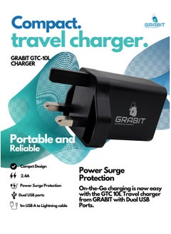 GRABIT Dual USB Wall Charger with A to Lightning Cable Fast 2.4A dual USB charging with a fixed UK plug and matte finish. Includes a 1m USB-A to non-MFI Lightning cable for reliable power delivery. Compatible with iPhones, iPads, Samsung, OnePlus, Xiaomi, Huawei, Google Pixel, and more. Perfect for home, office, and travel.  - Image 3