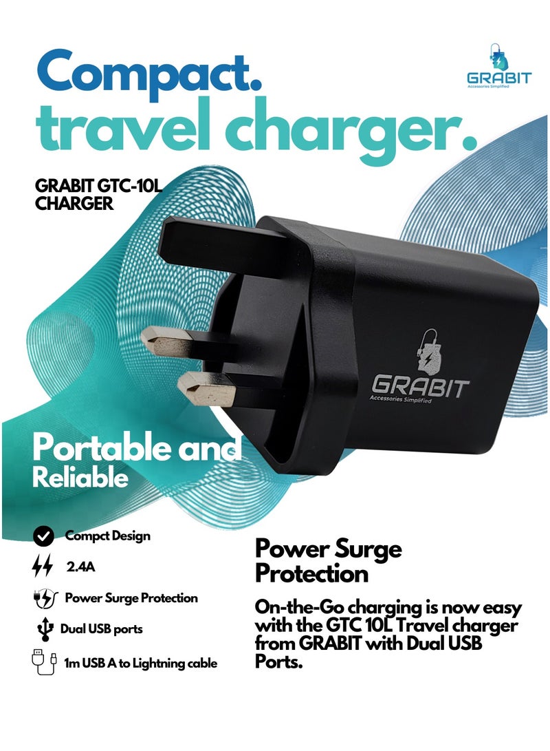 GRABIT Dual USB Wall Charger 2.4A with 1m A to Lightning Cable – Fast Charging, UK Plug  - Image 3