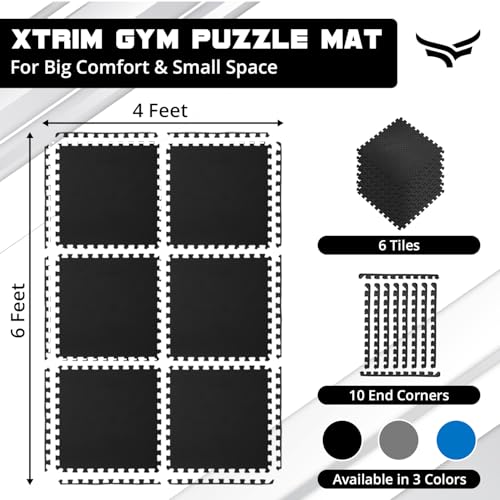 Xtrim Puzzle Exercise Mat (6 Tiles & 10 Borders, 16 Sq.Ft.Area) High-Density EVA Foam Mat,Interlocking Tiles, Shock Proof, Protective Flooring for Gym Equipment, Puzzle Foam Mat Home, Kids Area Black - Image 3