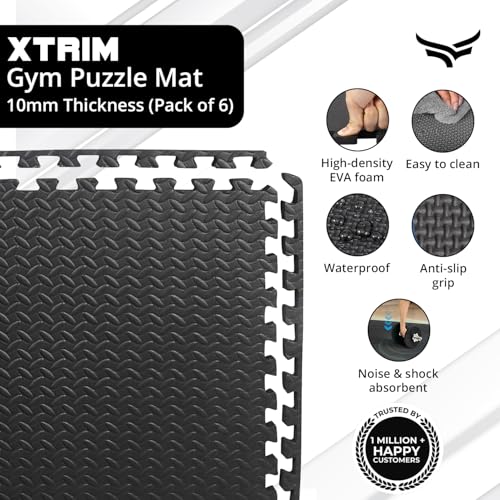 Xtrim Puzzle Exercise Mat (6 Tiles & 10 Borders, 16 Sq.Ft.Area) High-Density EVA Foam Mat,Interlocking Tiles, Shock Proof, Protective Flooring for Gym Equipment, Puzzle Foam Mat Home, Kids Area Black - Image 2