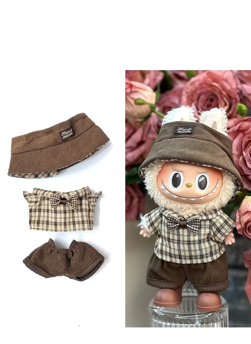 LABUBU Labubu "Caramel Toast" Outfit: Plaid Shirt w/ Bow & Brown Pants + Matching Cap - For 17cm Doll (Doll/Shoes Not Incl.)  - Image 1