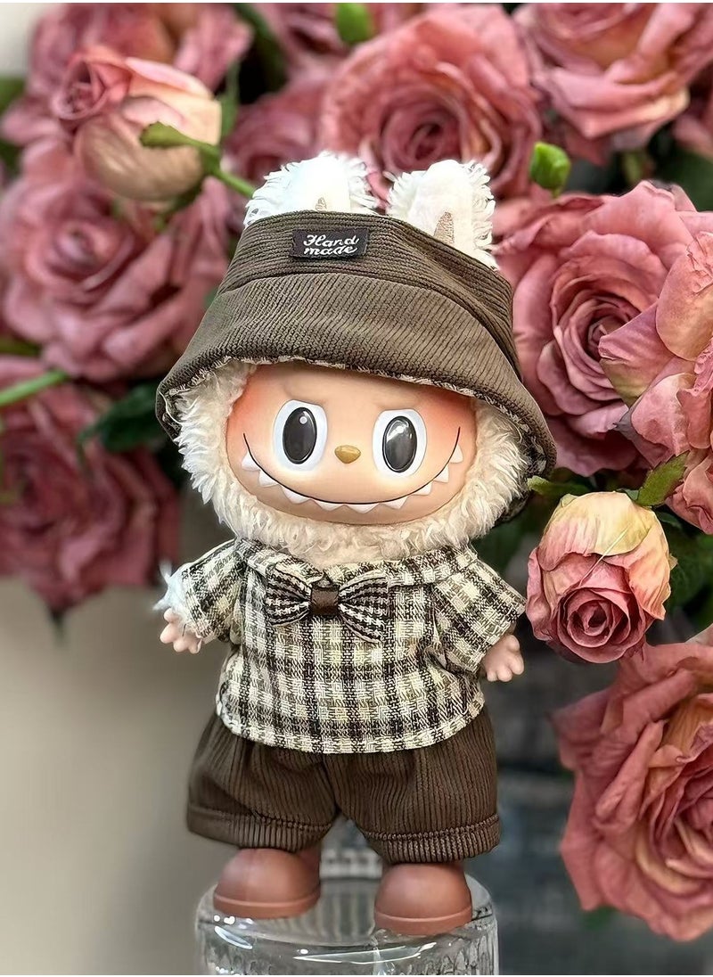 LABUBU Labubu "Caramel Toast" Outfit: Plaid Shirt w/ Bow & Brown Pants + Matching Cap - For 17cm Doll (Doll/Shoes Not Incl.)  - Image 2