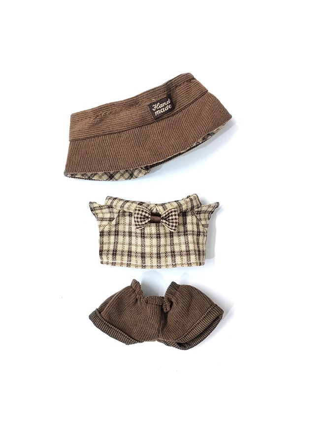 "Caramel Toast" Doll outfit: Plaid Shirt w/ Bow & Brown Pants + Matching Cap - For 17cm Doll (Doll/Shoes Not Incl.)  - Image 2