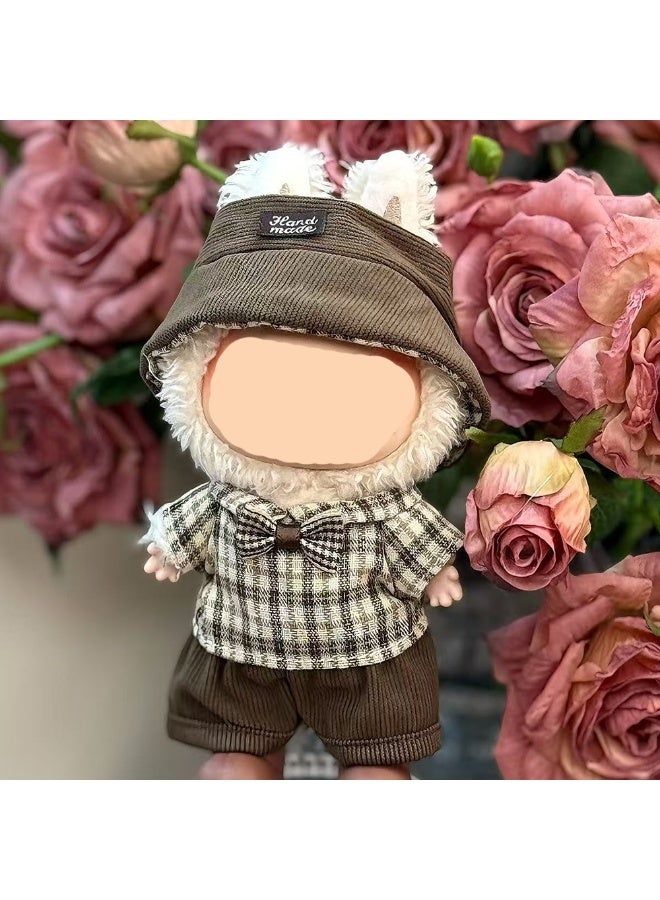 "Caramel Toast" Doll outfit: Plaid Shirt w/ Bow & Brown Pants + Matching Cap - For 17cm Doll (Doll/Shoes Not Incl.)  - Image 1