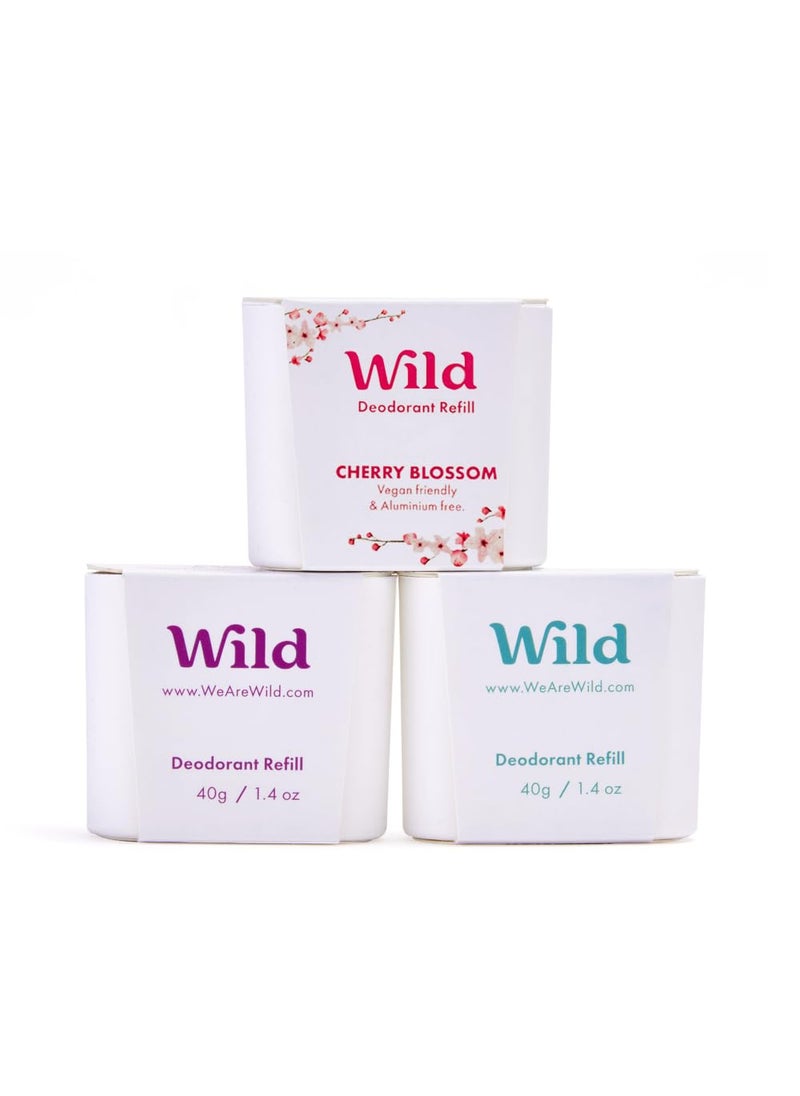 WILD Wild - Refillable Deodorant Variety Pack - Aluminum Free - Scents Include Fresh Cotton & Sea Salt, Cherry Blossom and Coconut & Vanilla - Long Lasting Protection 