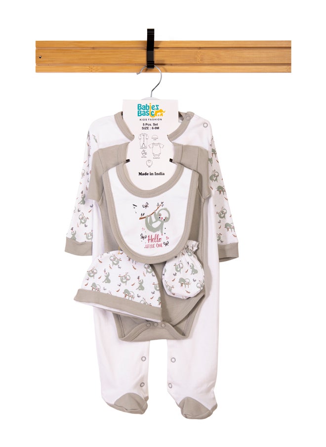 Babies Basic 5 Piece Unisex 100% Cotton Gift Set Include Bib, Romper, Mittens, Cap And Sleepsuit/Jumpsuit- Hello Little One  - Image 1