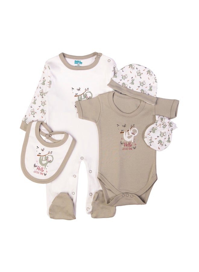 Babies Basic 5 Piece Unisex 100% Cotton Gift Set Include Bib, Romper, Mittens, Cap And Sleepsuit/Jumpsuit- Hello Little One  - Image 2