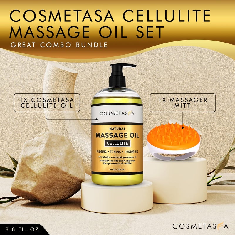 Cosmetasa Cellulite Massage Oil with Massager Mitt - 100% Natural Cellulite Oil, Highly Absorbable and Deeply Penetrates Skin- Firms, Tones, Tightens & Moisturizes Skin by Cosmetasa (8.8 oz) - Image 2
