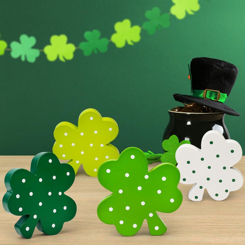 Leetous St Patricks Day Shamrock Decorations for Table,4 PCS Irish Green Wooden Lucky Clover Signs Decor for Indoor Office Home,Saint Patricks Day Gifts Centerpiece for Tiered Tray Mantel Shelf Desk Party Bar - Image 2