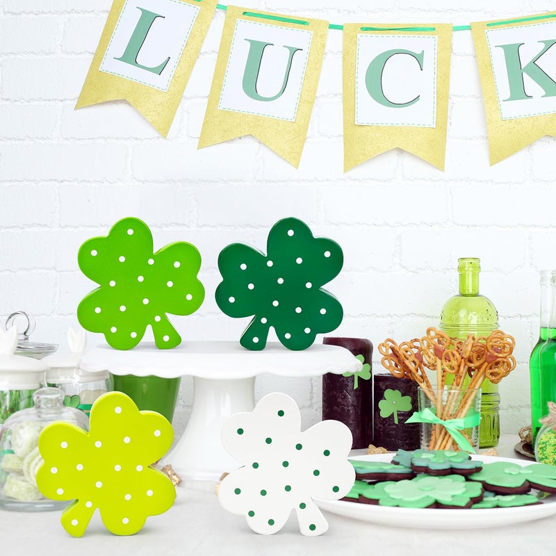 Leetous St Patricks Day Shamrock Decorations for Table,4 PCS Irish Green Wooden Lucky Clover Signs Decor for Indoor Office Home,Saint Patricks Day Gifts Centerpiece for Tiered Tray Mantel Shelf Desk Party Bar - Image 4