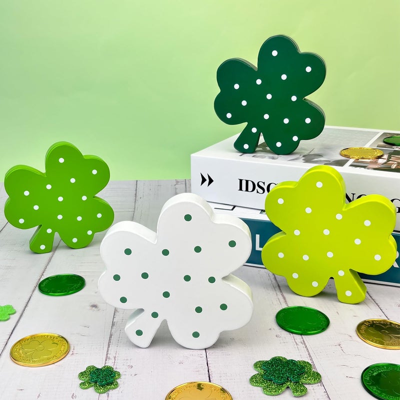 Leetous St Patricks Day Shamrock Decorations for Table,4 PCS Irish Green Wooden Lucky Clover Signs Decor for Indoor Office Home,Saint Patricks Day Gifts Centerpiece for Tiered Tray Mantel Shelf Desk Party Bar - Image 1